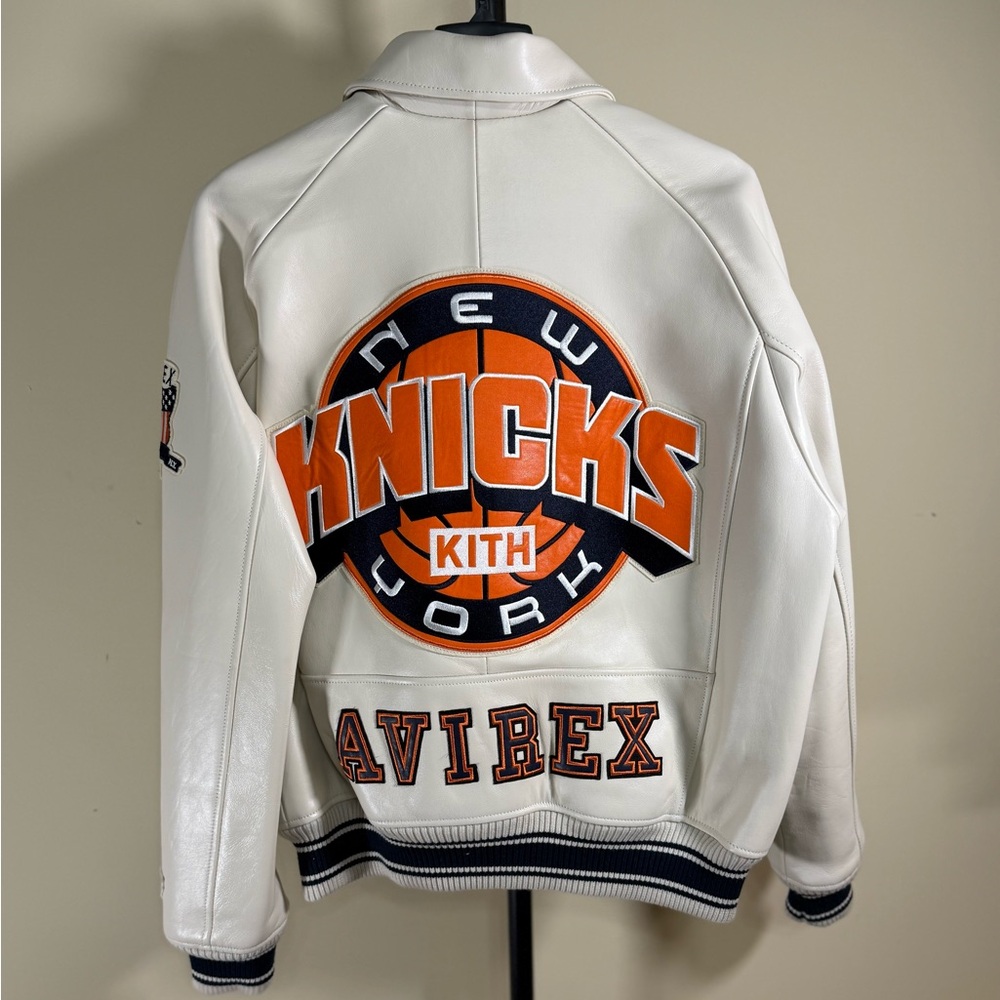 Kith x Avirex New York Knicks Leather Jacket color Sandrift size Medium